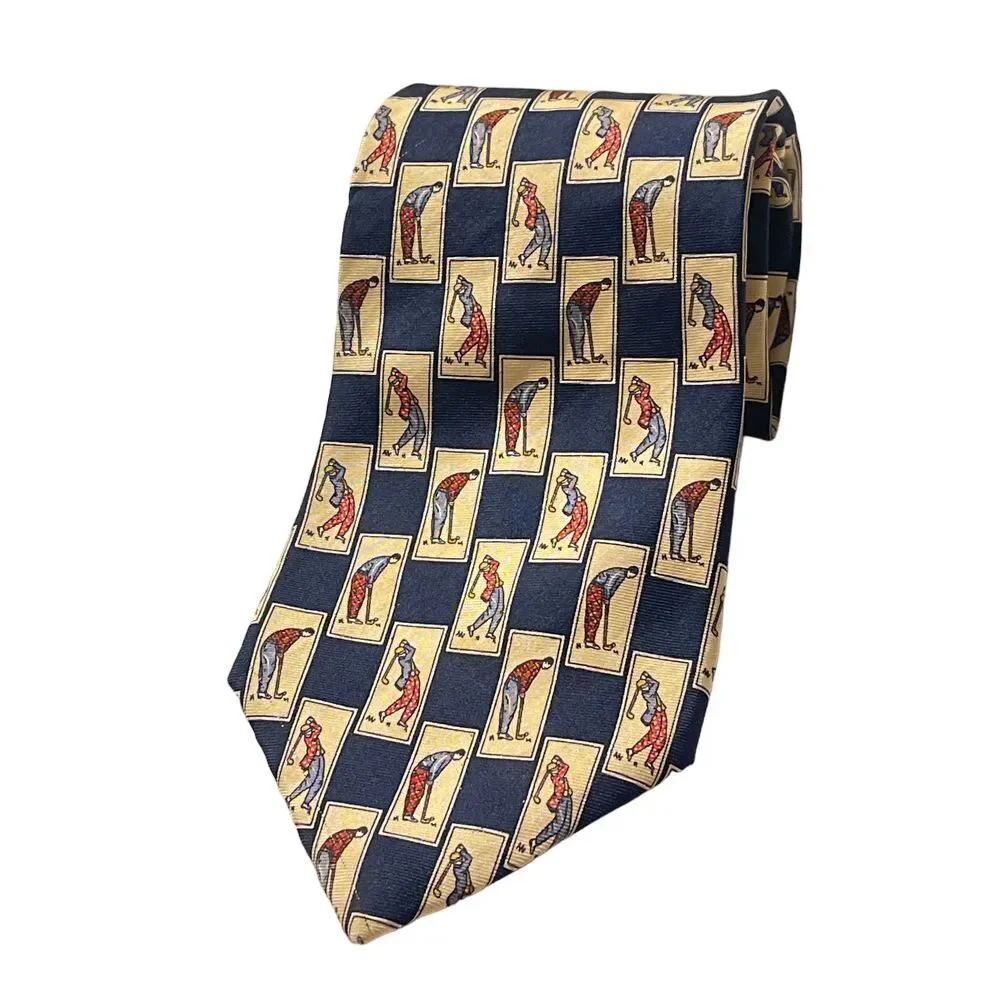 Hathaway‎ Silk Golf Theme Necktie Navy Blue Yellow Checkered Pattern Z-3